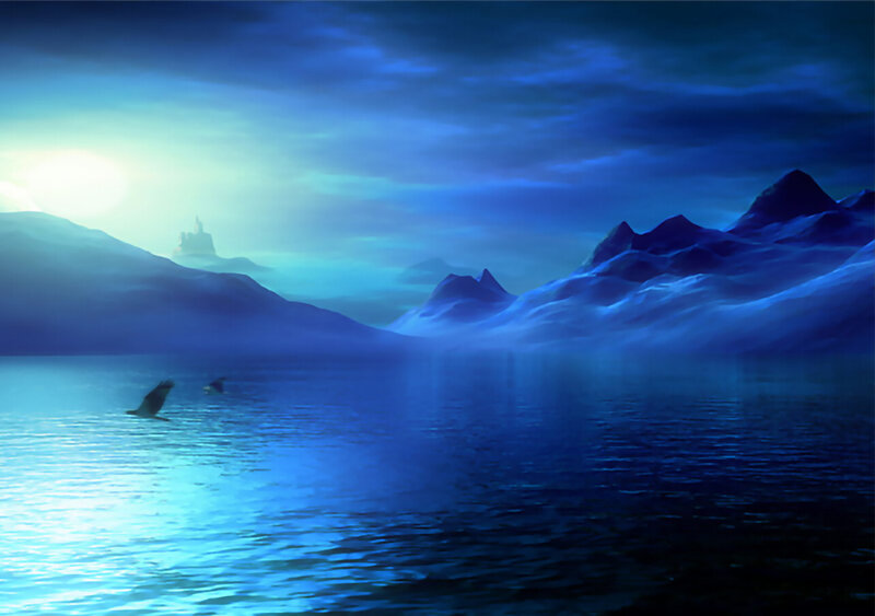 Birds Flying over Lake — Blue, Serene, Night