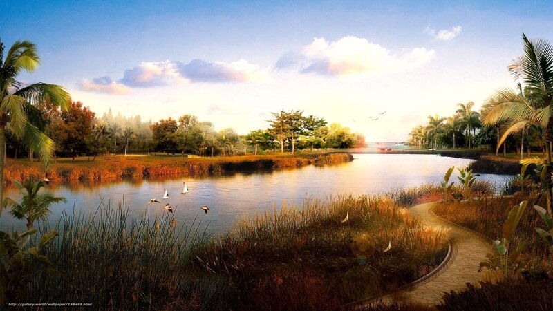 Birds Flying over Lake — Blue, Serene, Sunset, Digital Art