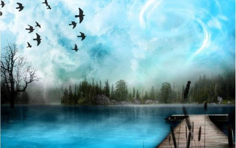 Birds Flying over Lake — Blue, Serene