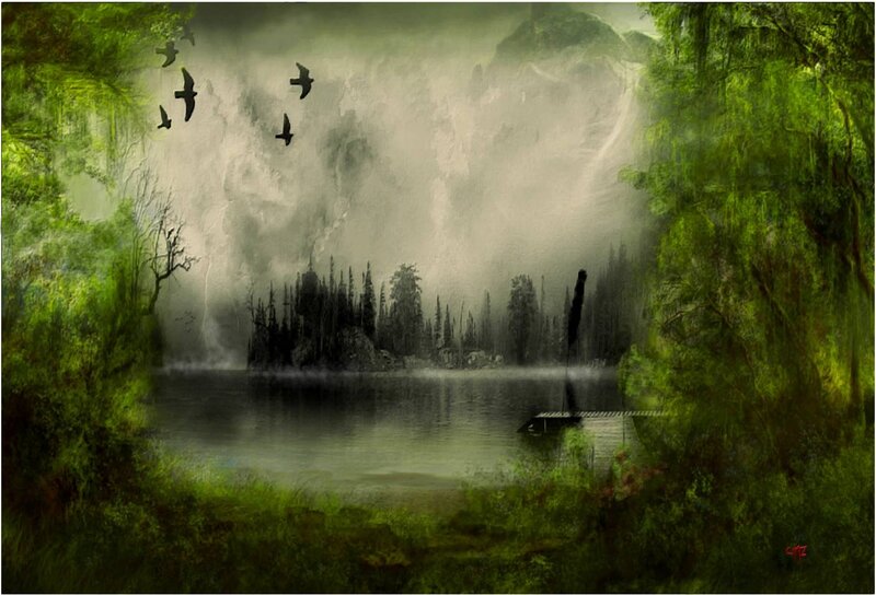 Birds Flying over Lake — Green, Mysterious