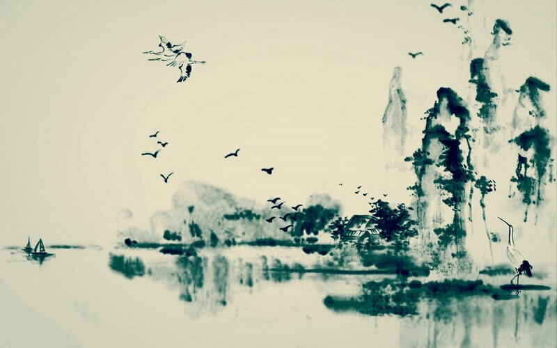 Birds Flying over Lake — Green, Serene