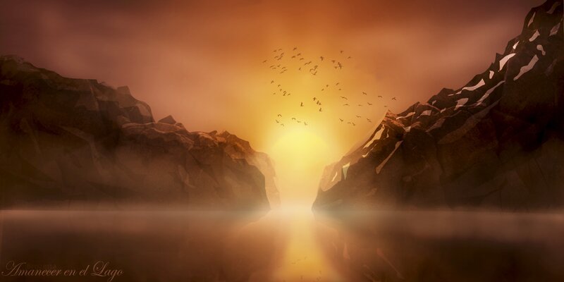 Birds Flying over Lake — Orange, Serene, Sunset, Digital Art