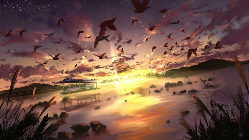 Birds Flying over Lake — Purple