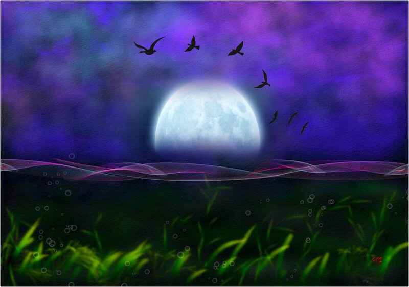 Birds Flying over Moon — Purple