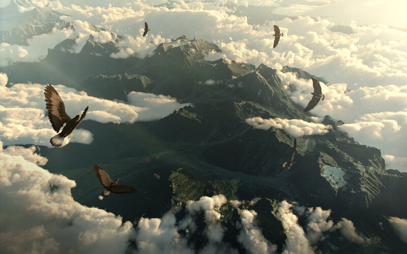 Birds Flying over Mountains — Green