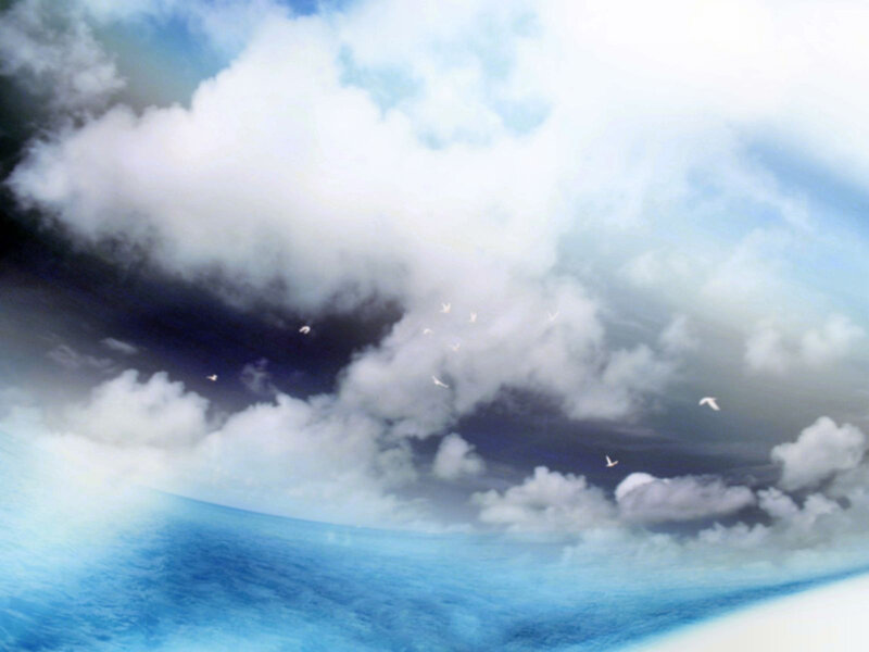 Birds Flying over Ocean — Blue, Dramatic, Digital Art
