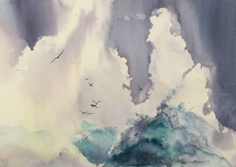Birds Flying over Ocean — Blue, Dramatic, Painting