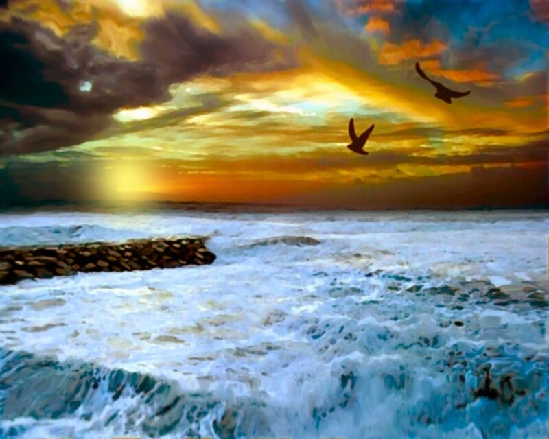 Birds Flying over Ocean — Blue, Dramatic