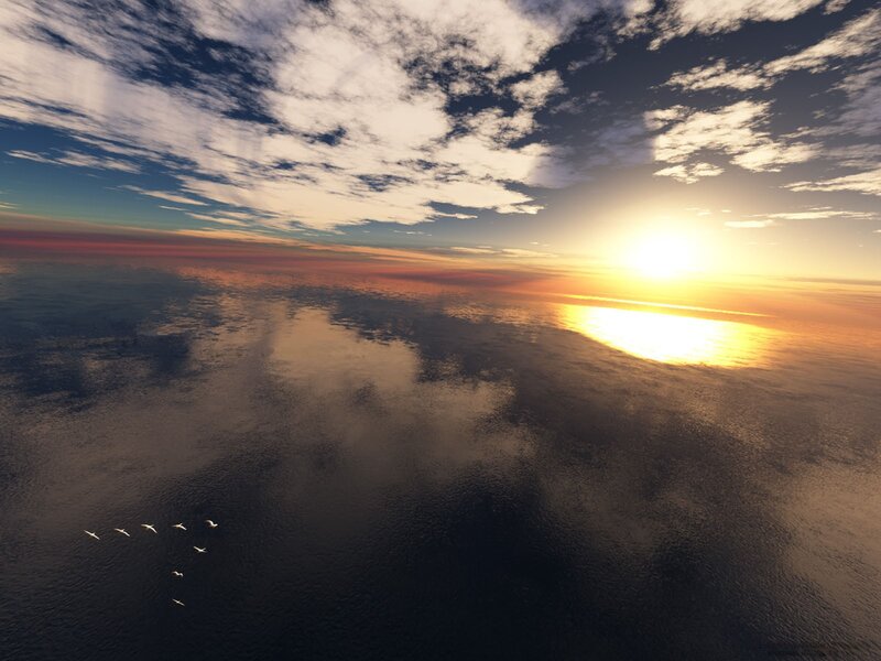 Birds Flying over Ocean — Blue, Serene, Sunset, Digital Art, Sun