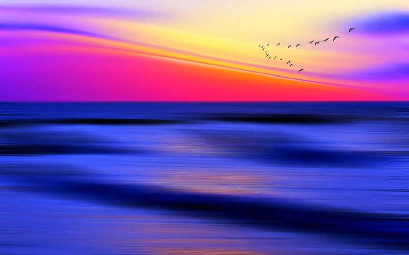 Birds Flying over Ocean — Blue, Serene, Sunset, Digital Art