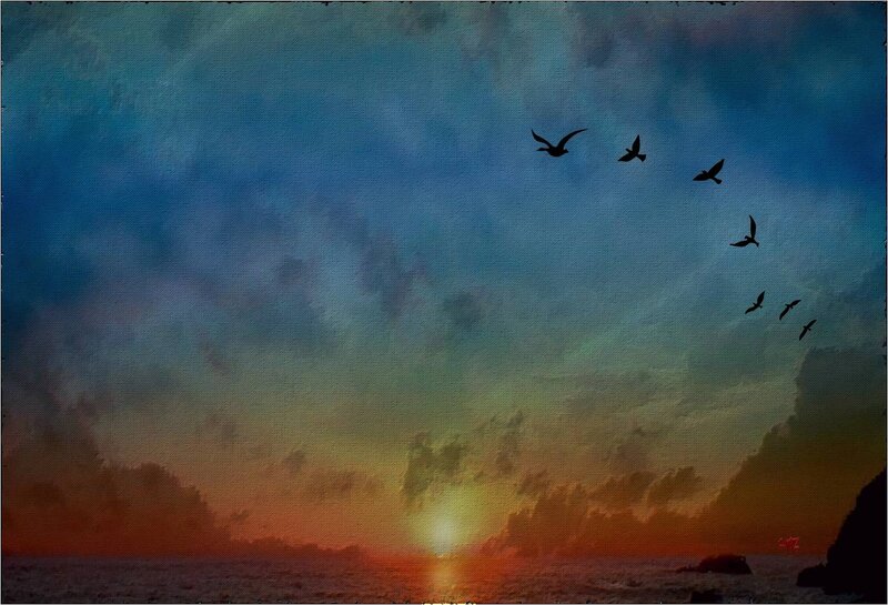 Birds Flying over Ocean — Blue, Serene, Sunset, Painting