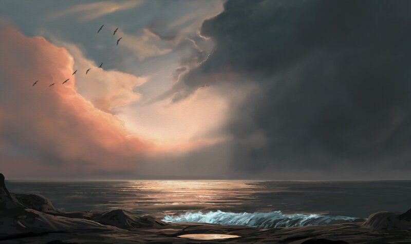 Birds Flying over Ocean — Gray, Dramatic