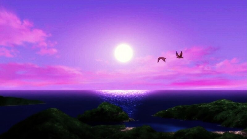 Birds Flying over Ocean — Purple, Serene, Sunset