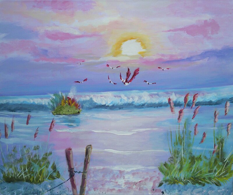 Birds Flying over Ocean — Purple, Serene