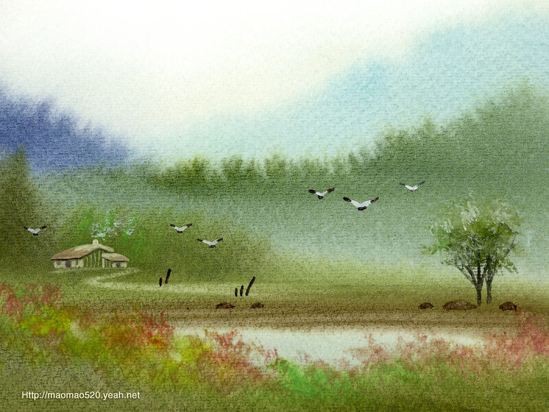 Birds Flying over Pond