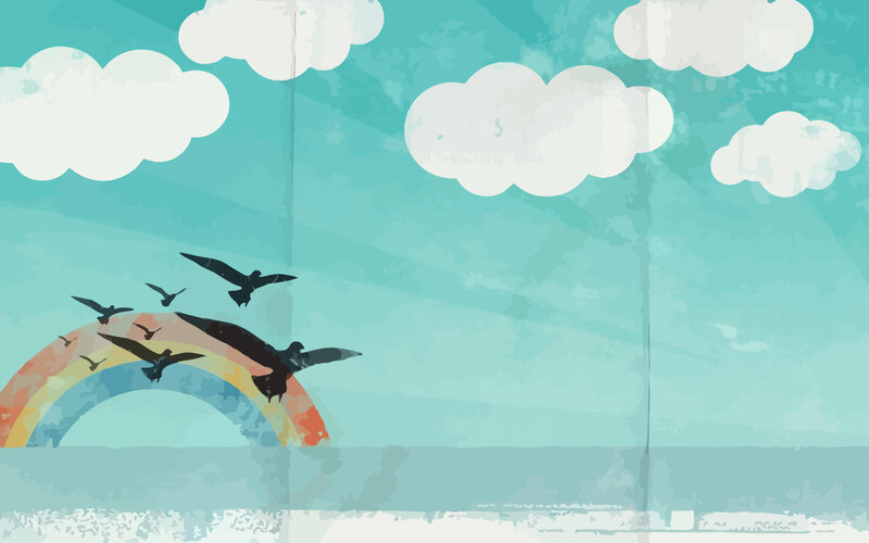 birds flying over rainbow