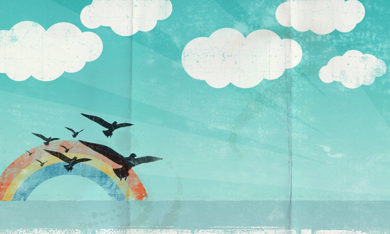 birds flying over rainbow