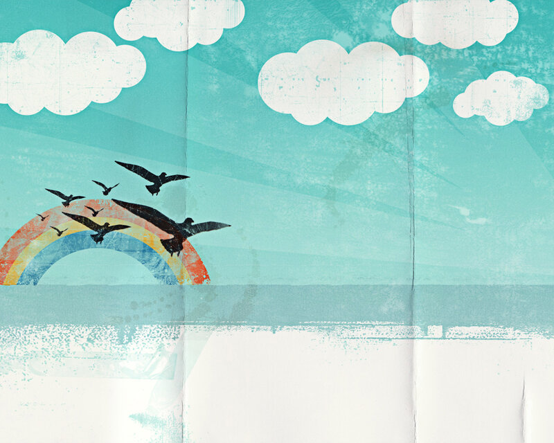 birds flying over rainbow