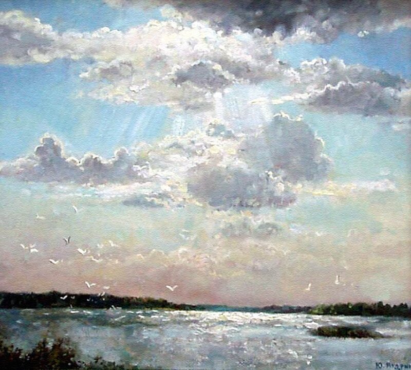 Birds Flying over River — Blue, Serene