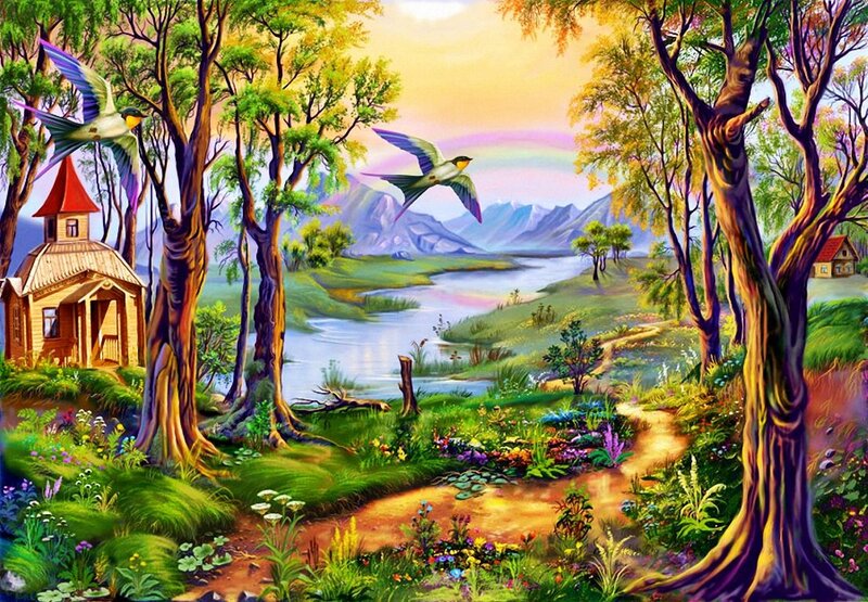Birds Flying over River — Green, Serene, Afternoon