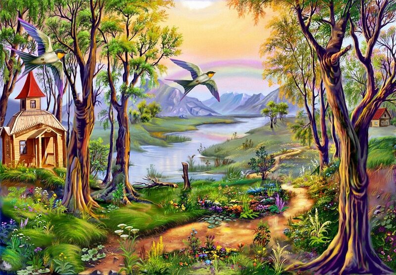 Birds Flying over River — Green, Serene