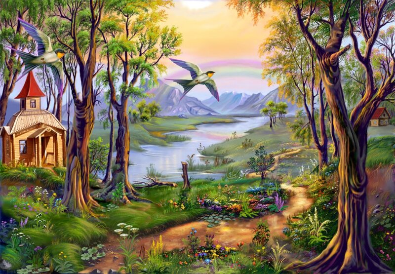 Birds Flying over River — Green