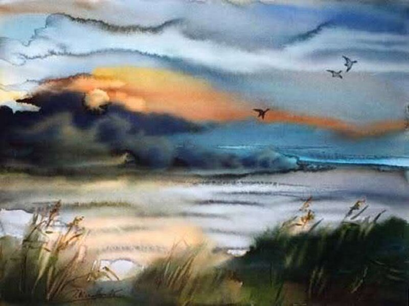Birds Flying over Water — Blue, Dramatic
