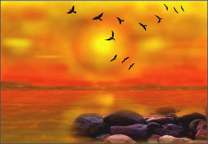 Birds Flying over Water — Orange, Serene, Sunset, Digital Art