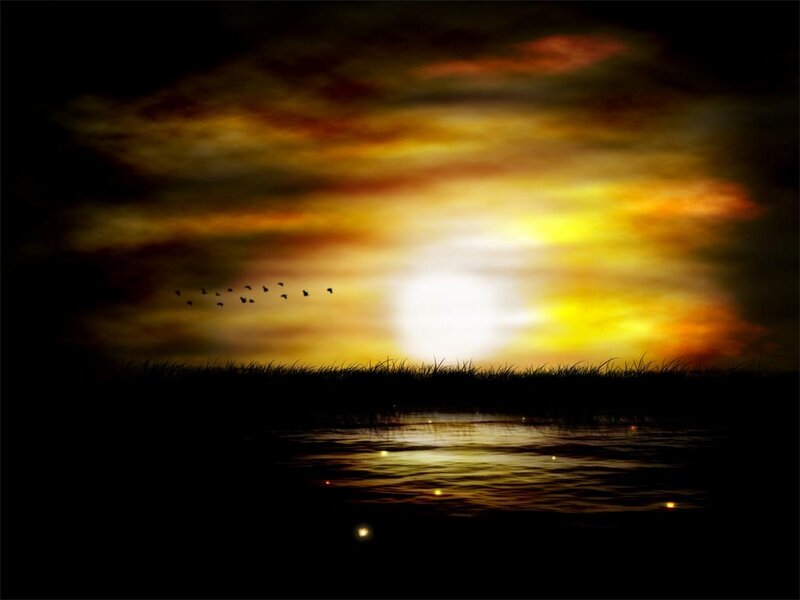 Birds Flying over Water — Yellow, Dramatic, Sunset, Digital Art