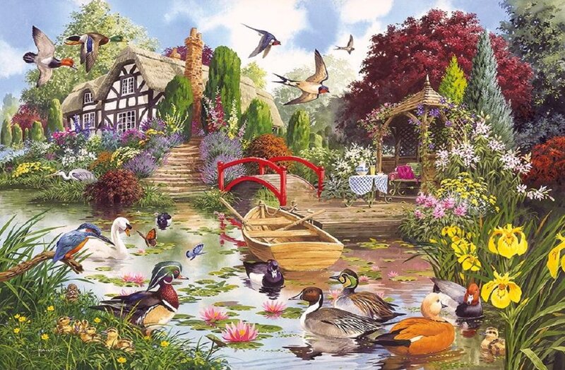 Birds in a Garden Pond — Green