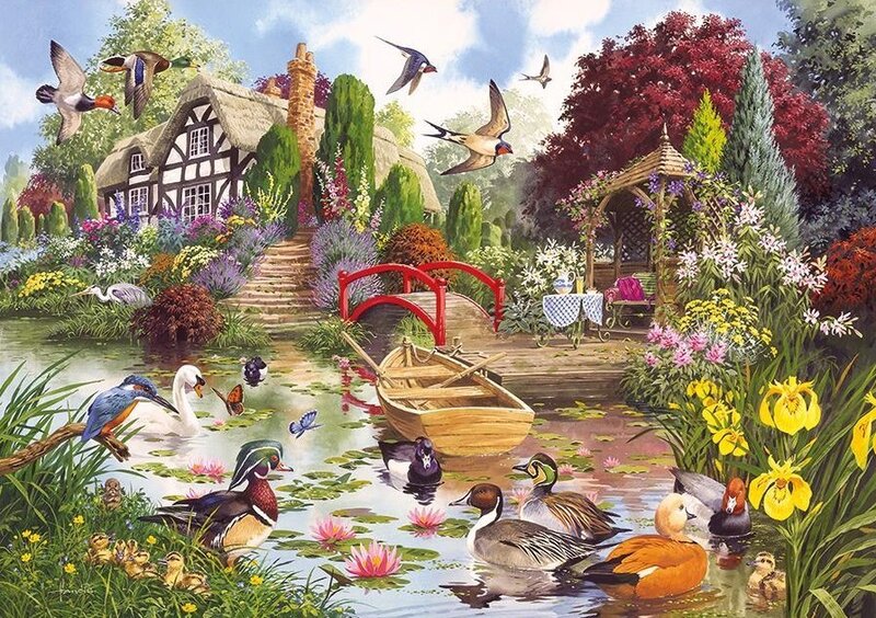 Birds in a Garden Pond