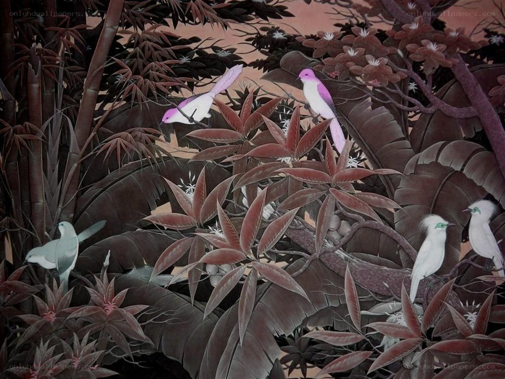 Birds in a lush forest