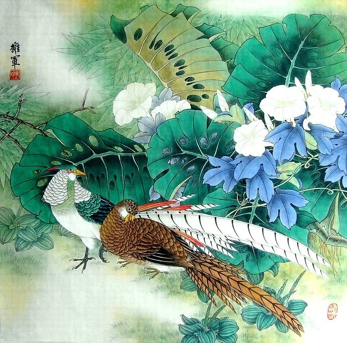 Birds in a lush garden