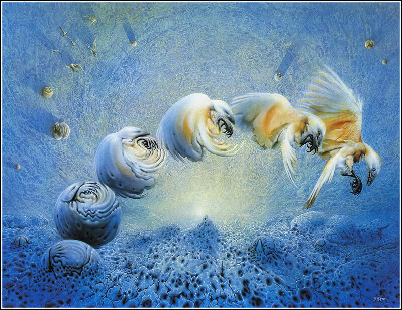 Birds in a surreal blue world