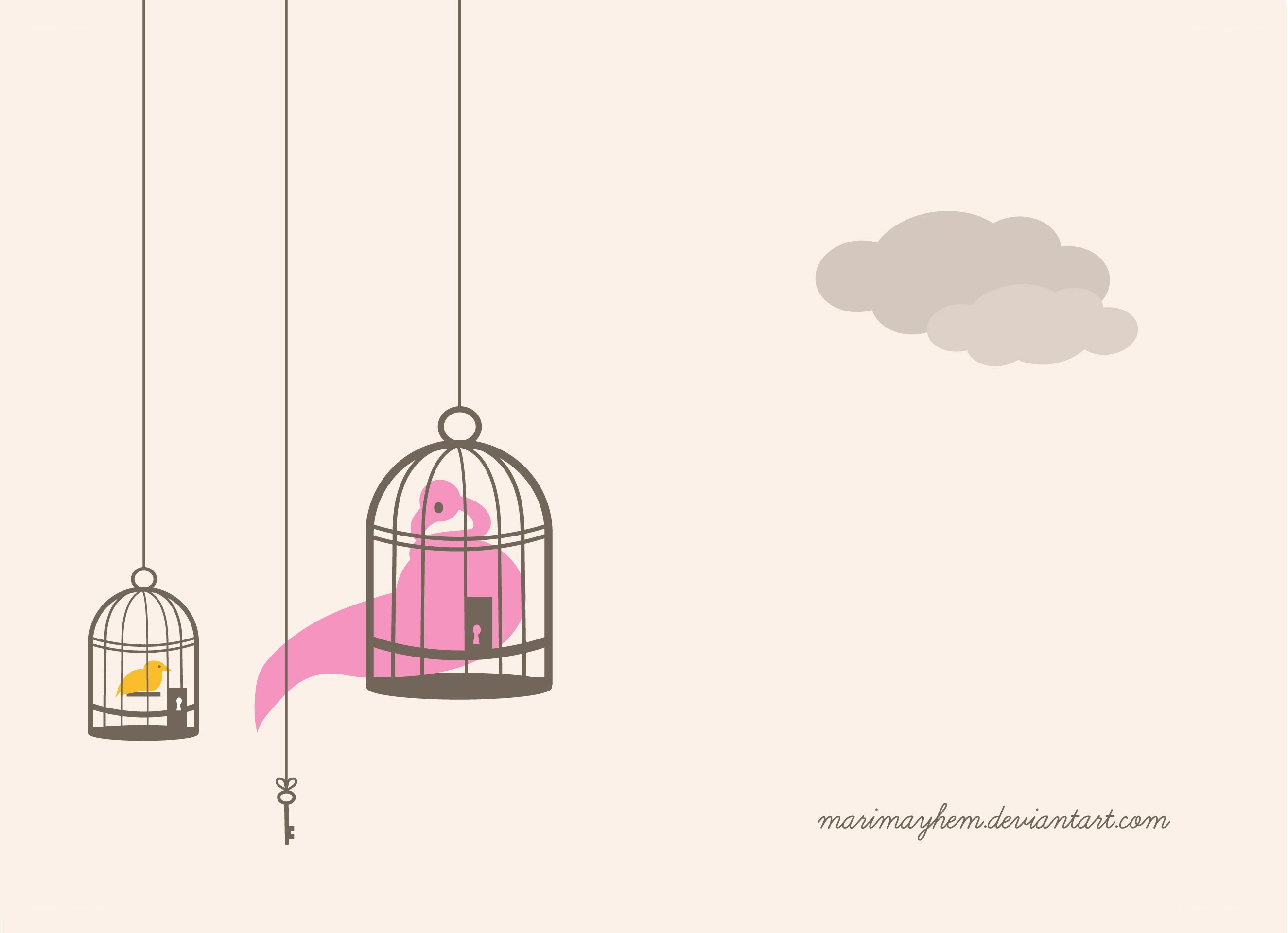 Birds in cages with a key
