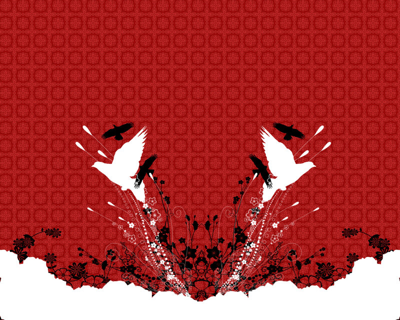 Birds in flight on red pattern