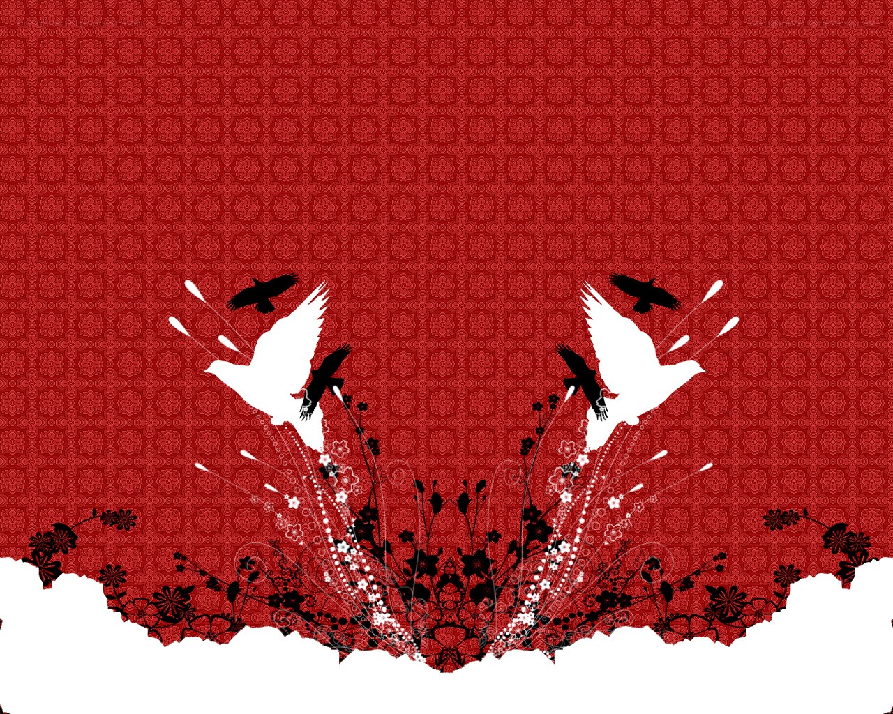 Birds in flight on red pattern