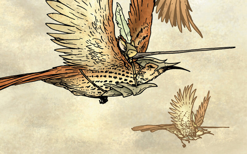 Birds in flight with riders