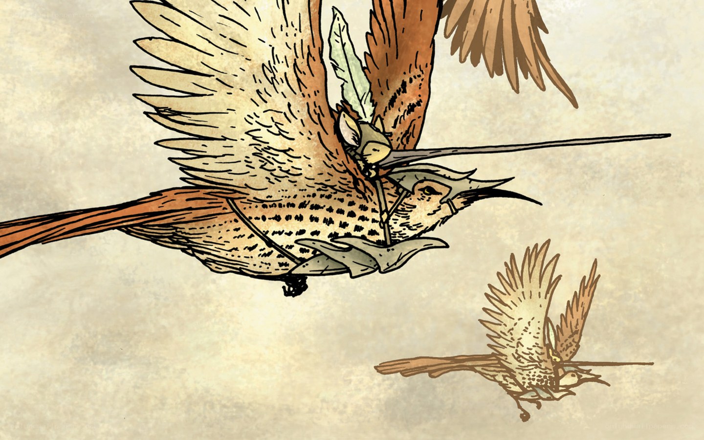 Birds in flight with riders