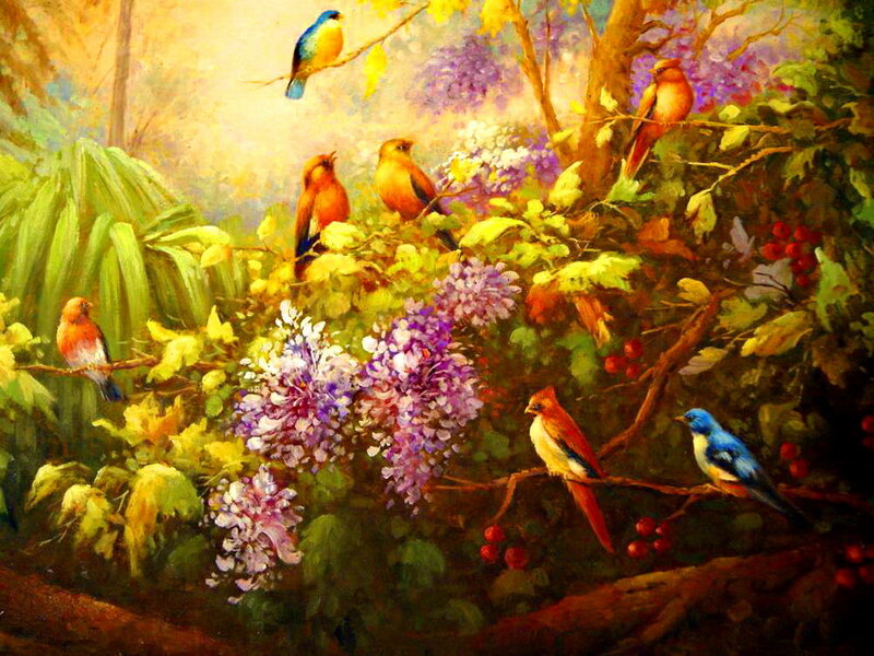Birds in Flowering Bush