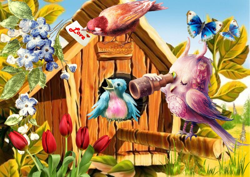Birds in Garden — Blue