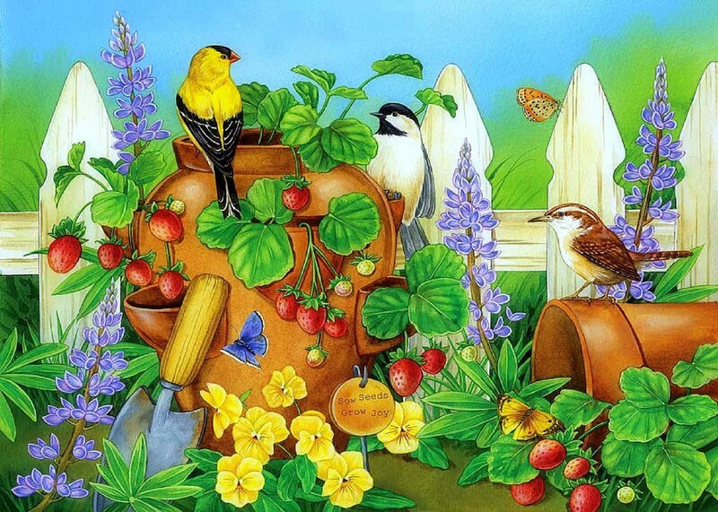 Birds in Garden — Green, Serene, Spring, Illustration