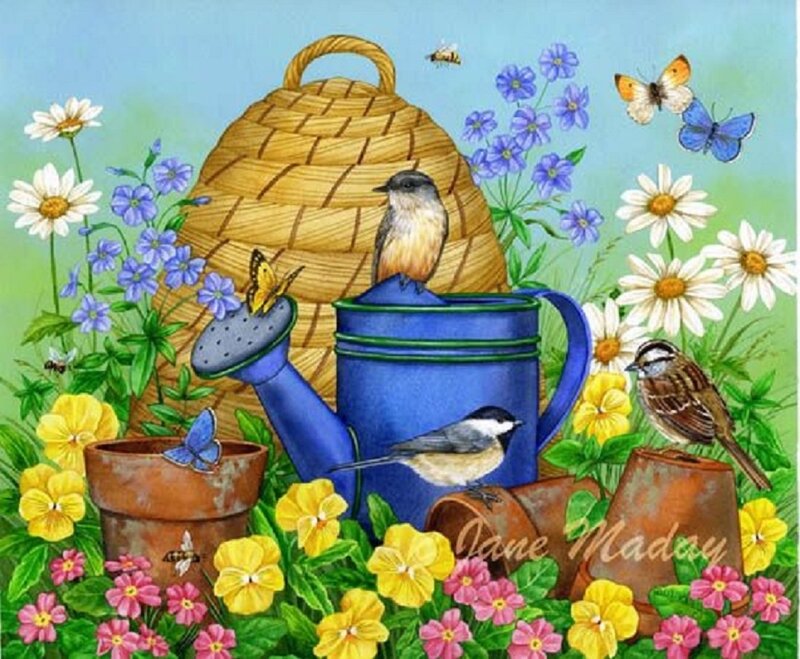 Birds in Garden Scene — Blue