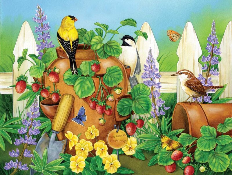 Birds in Garden Scene — Green, Peaceful
