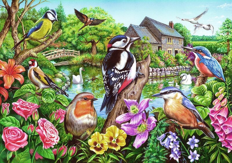 Birds in Garden Scene — Green, Serene, Spring, Illustration, Flowers