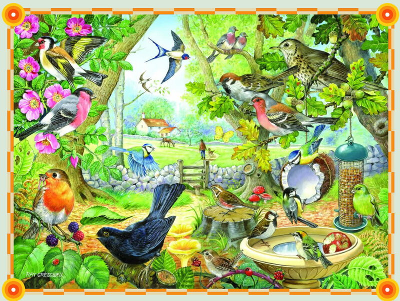 Birds in Garden Scene — Green, Serene, Spring
