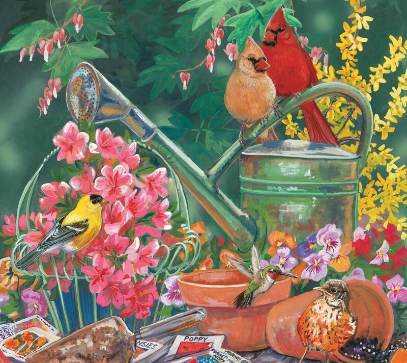 Birds in Garden Scene — Green, Serene