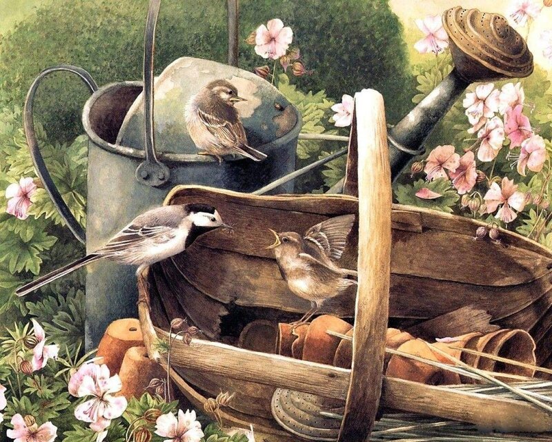 Birds in Garden Tools — Green, Serene