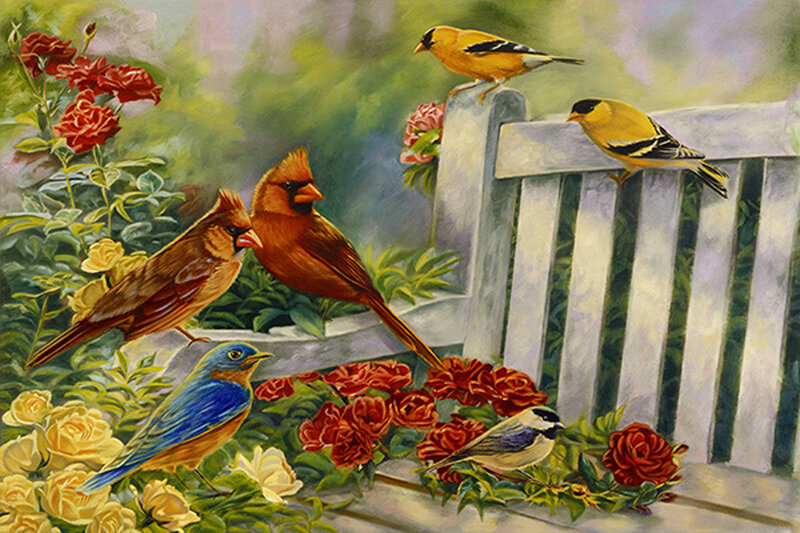 Birds in Garden — Yellow, Serene