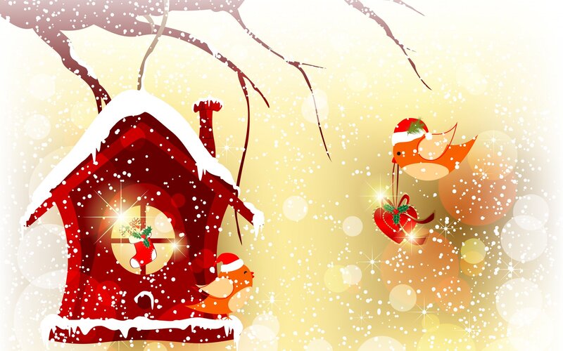Birds in Red Birdhouse — Festive
